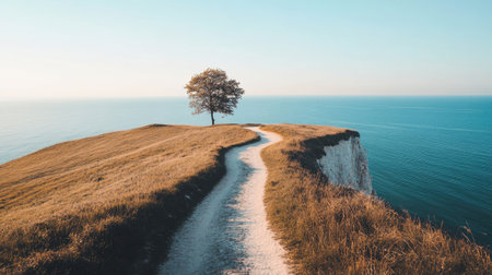 A tranquil coastal scene featuring a winding path leading to a solitary tree atop a cliff, overlooking the vast blue sea under a clear sky.の素材