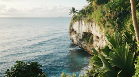 Experience a breathtaking coastal view featuring dramatic cliffs and lush greenery bathed in soft sunlight. This tranquil scene invites relaxation and exploration.の素材