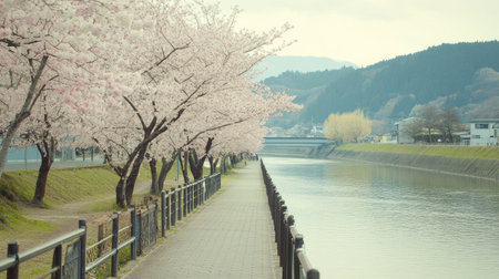A serene pathway lined with blooming cherry blossoms invites tranquility along a calm riverbank, creating a picturesque landscape perfect for leisurely strolls.の素材