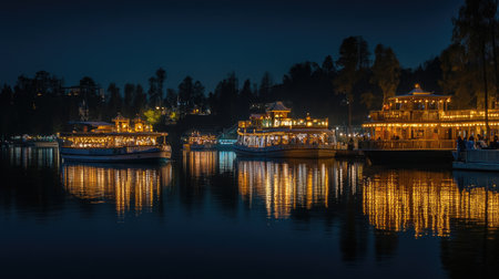 Beautiful night scene showcasing illuminated boats on calm waters, creating a stunning reflection. Perfect for travel, tourism, and leisure themes.の素材