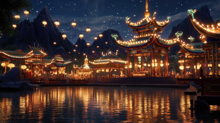 A mesmerizing night view featuring glowing lanterns along the water, surrounded by majestic mountains. This image evokes a sense of tranquility and celebration.の素材