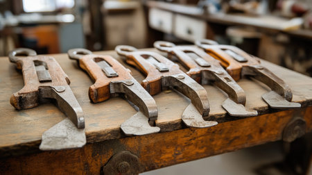 A collection of vintage hand tools laid out on a wooden workbench, showcasing the beauty of craftsmanship and the tools used in skilled trades and DIY projects.の素材