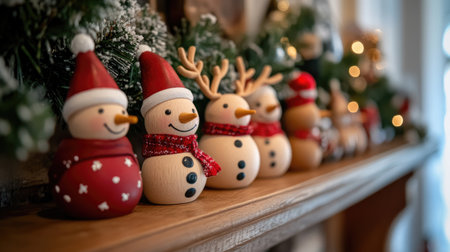 A charming display of wooden Christmas figurines lined on a mantle, featuring snowmen and reindeer. Perfect for adding a festive touch to holiday decor.の素材