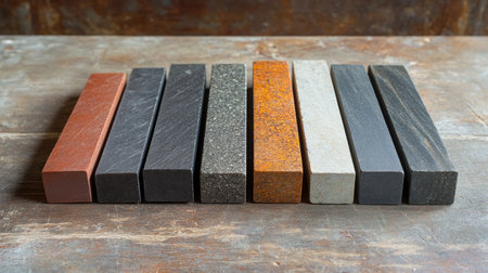 A beautiful arrangement of various stone samples showcasing distinct colors and textures. Perfect for design inspiration and material selection.の素材
