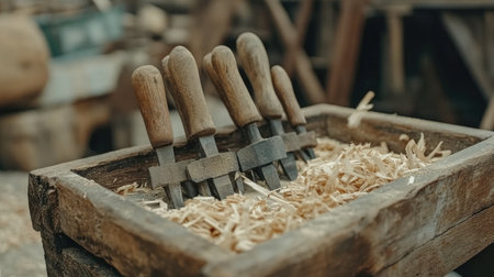 A rustic collection of vintage woodworking tools rests on shavings in a well-used workshop. This image showcases craftsmanship and the beauty of handmade artistry.の素材