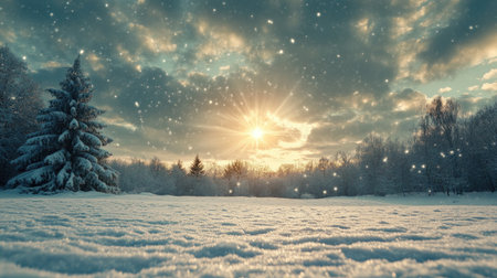 A beautiful winter landscape captures serene snowfall under a vibrant sunset. Snow-covered ground glows, and a distant silhouette of trees adds a tranquil touch.の素材