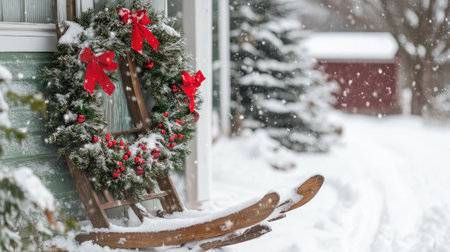 A charming winter scene showcasing a beautifully decorated Christmas wreath on a wooden sleigh, surrounded by snow, creating a festive atmosphere.の素材