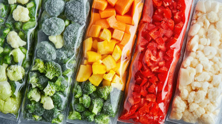 A vibrant assortment of frozen vegetables packaged for easy use. Ideal for quick meal preparation, these nutritious options include broccoli, cauliflower, bell pepper, and carrot, perfect for cooking or snacking.の素材
