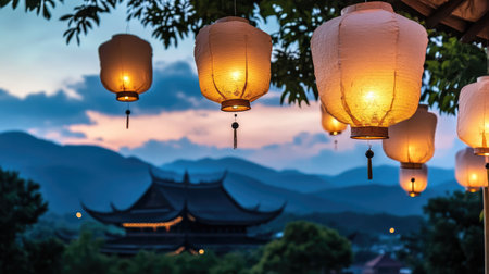 Captivating view of glowing lanterns during dusk, framed by mountains and traditional architecture. Perfect for evoking tranquility and cultural charm.の素材