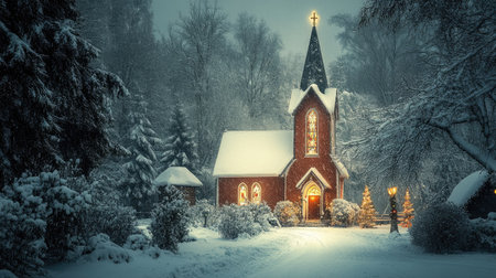 A picturesque church covered in fresh snow during a winter night, illuminated by soft lights and surrounded by trees, creates a tranquil, festive atmosphere.の素材