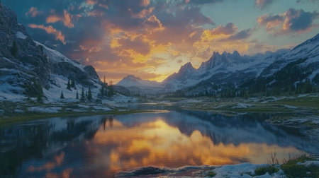 Captivating sunset illuminates a tranquil lake surrounded by majestic mountains, creating a serene and picturesque landscape that evokes a sense of adventure.の素材