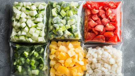 A vibrant assortment of fresh frozen vegetables and fruits neatly packed in transparent bags. Ideal for meal prep, cooking, and healthy snack options.の素材
