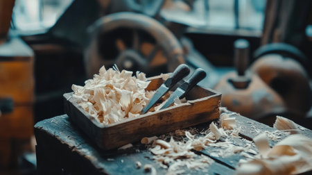 A serene view of wood shavings scattered on a vintage workbench, showcasing the artistry of woodworking and the beauty of handcrafted materials in a rustic workshop setting.の素材