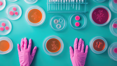Close-up view of hands in pink gloves working with petri dishes and pipettes on a teal background, showcasing a vibrant laboratory setting dedicated to microbiological research.の素材
