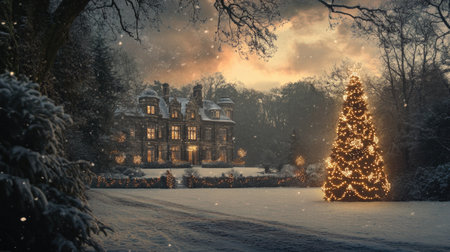 A picturesque winter evening featuring a beautifully decorated Christmas tree near a grand mansion, surrounded by falling snow and glowing lights.の素材