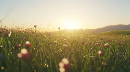 A breathtaking view of a meadow filled with blooming flowers as the sun rises, casting a warm glow over the lush greenery, evoking tranquility and beauty.の素材