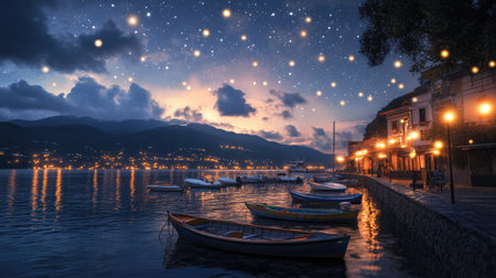 Enjoy a peaceful lakeside evening featuring charming boats, starry sky, and illuminated village. The tranquil scenery captures the essence of nature's beauty.の素材