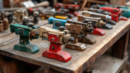 A vibrant array of vintage hand tools displayed on a wooden workbench, showcasing unique designs and a rich history of craftsmanship in manual work.の素材