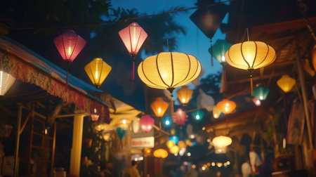 A charming night market scene filled with colorful lanterns illuminating the surroundings. The festive atmosphere invites exploration in this beautiful setting.の素材