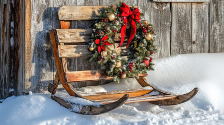 A picturesque vintage wooden sleigh adorned with a festive wreath, resting on a blanket of fresh snow. This charming winter scene captures the essence of holiday spirit in a tranquil outdoor setting.の素材