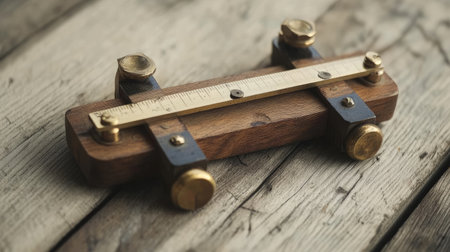 This vintage wooden ruler tool features brass fittings and showcases craftsmanship. Perfect for woodworking enthusiasts, it adds charm to any workspace.の素材