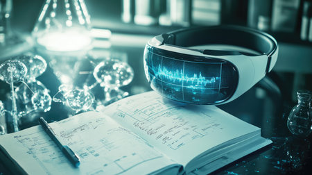 A modern workspace featuring a virtual reality headset resting on an open notebook filled with data and analysis, illustrating innovative technology and creativity.の素材