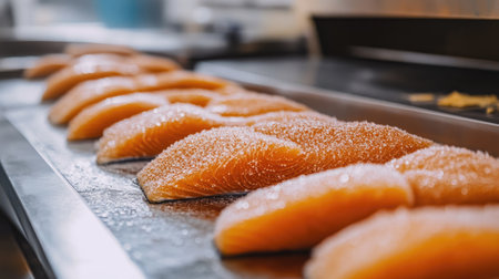Fresh salmon fillets rest on a clean culinary counter, showcasing their vibrant color and glistening texture. Perfect for healthy meals and gourmet dishes.の素材