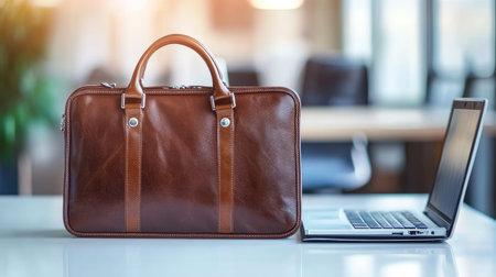 A sophisticated brown leather bag rests beside a sleek laptop on an office desk, showcasing modern workspace aesthetics and professional style.の素材
