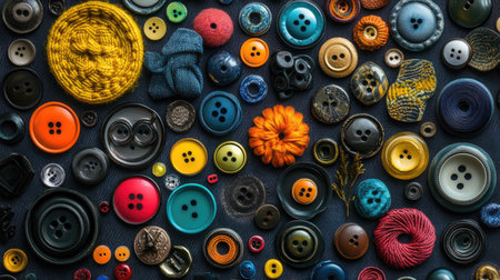 A vibrant collection of buttons and crafting supplies arranged artistically on dark fabric. Perfect for showcasing creativity in sewing, design, and DIY projects.の素材