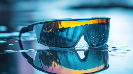 A sleek pair of stylish sports sunglasses lies on a water surface, showcasing vibrant lenses and a stunning reflection. Perfect for outdoor activities and fashion.の素材