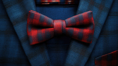 Close-up view of a luxurious red bow tie against a blue plaid suit, showcasing meticulous craftsmanship and elegance for formal events and stylish occasions.の素材