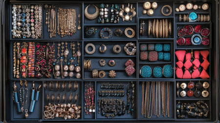 A meticulously organized tray displaying an array of colorful jewelry pieces, including earrings, bracelets, and necklaces, showcasing intricate designs and craftsmanship.の素材