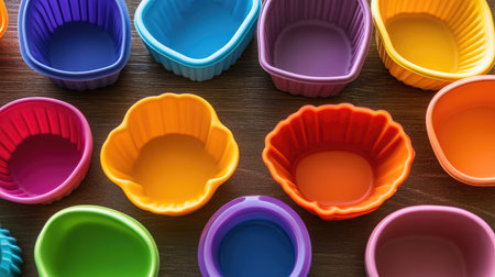 Bright and vibrant silicone baking cups arranged on a wooden surface. Perfect for cupcakes, muffins, and creative baking projects. Ideal for any kitchen!の素材