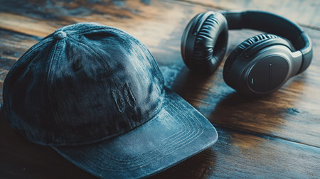 This image features a stylish cap and a pair of headphones placed on a rustic wooden table, embodying a relaxed and trendy lifestyle suitable for music lovers.の素材
