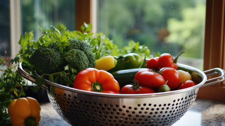 A silver colander filled with an array of vibrant, fresh vegetables sits by a sunlit window, showcasing colorful produce ready for cooking and healthy meals.の素材