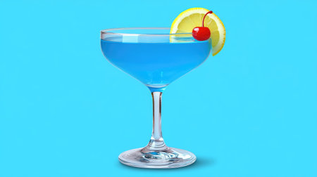 A vibrant blue cocktail served in an elegant glass, garnished with a fresh lemon slice and cherry, perfect for summer parties or special occasions.の素材