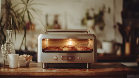 A modern kitchen appliance toasting freshly baked pastries, creating a warm and inviting atmosphere. Perfect for breakfast or snack time in a cozy home setting.の素材