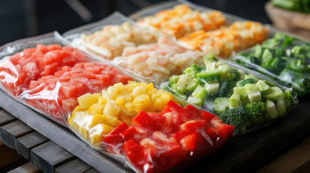 A vibrant display of freshly cut vegetables and fruits packaged for convenience. Perfect for healthy meals, snacks, or meal prep with rich colors and flavors.の素材