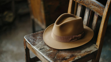 A stylish brown hat resting on a rustic wooden chair, creating a warm and cozy ambiance, ideal for fashion-related content or lifestyle themes.の素材
