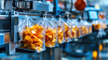 A detailed view of an automated packaging process for crispy potato chips in a factory setting, showcasing the efficiency of modern food manufacturing technology.の素材