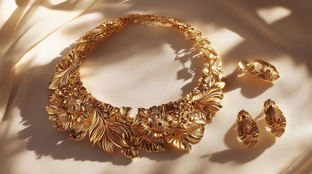 Stunning gold floral jewelry set featuring an intricately designed necklace and matching earrings. Perfect for special occasions and fashion statements.の素材