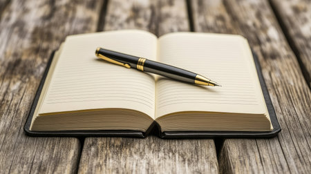 An elegant open notebook with a sleek pen rests on a rustic wooden table. This image captures simplicity and creativity, ideal for themes of writing and organization.の素材