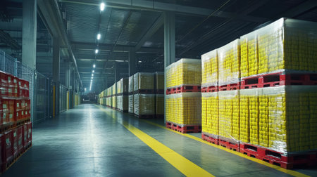 Spacious warehouse interior featuring neatly stacked yellow products on pallets. The efficient layout showcases rows of organized inventory in a modern facility.の素材