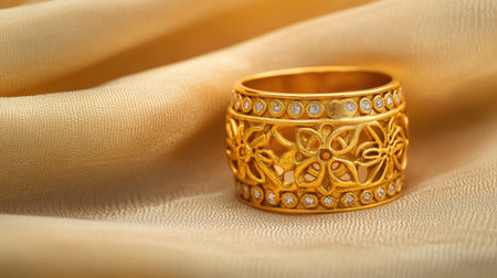 This stunning golden ring features an intricate floral design adorned with sparkling gemstones. Set against a soft, elegant fabric backdrop, it showcases luxury and craftsmanship, perfect for special occasions.の素材