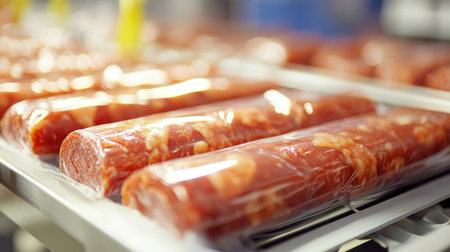 Close-up view of freshly packaged sausages laid out on a production tray in an industrial kitchen, emphasizing quality and freshness in meat products.の素材