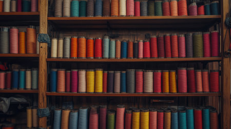A vibrant collection of spools of thread neatly arranged on wooden shelves, showcasing a spectrum of colors for sewing and crafting projects.の素材
