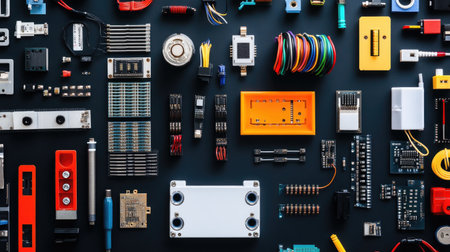 A diverse arrangement of colorful electronic components and tools neatly displayed on a dark surface. Perfect for technology and engineering projects.の素材
