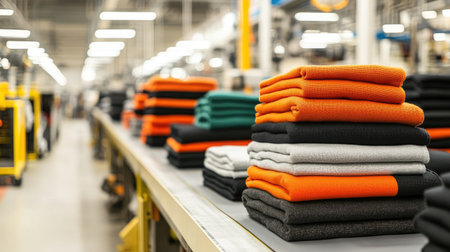 A vibrant display of neatly stacked sweaters in a modern manufacturing facility showcasing organization and efficiency in apparel production.の素材