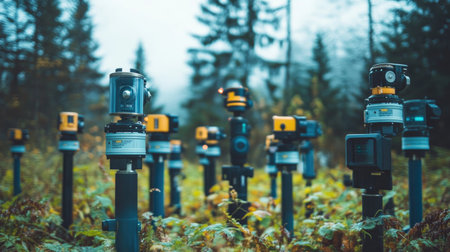 A misty forest scene featuring various surveying tools, capturing the essence of outdoor technology and precision measurement in nature.の素材