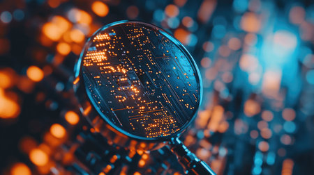A detailed close-up of a magnifying glass showcasing a technology circuit board with glowing LED lights. This image emphasizes innovation and exploration in electronics.の素材
